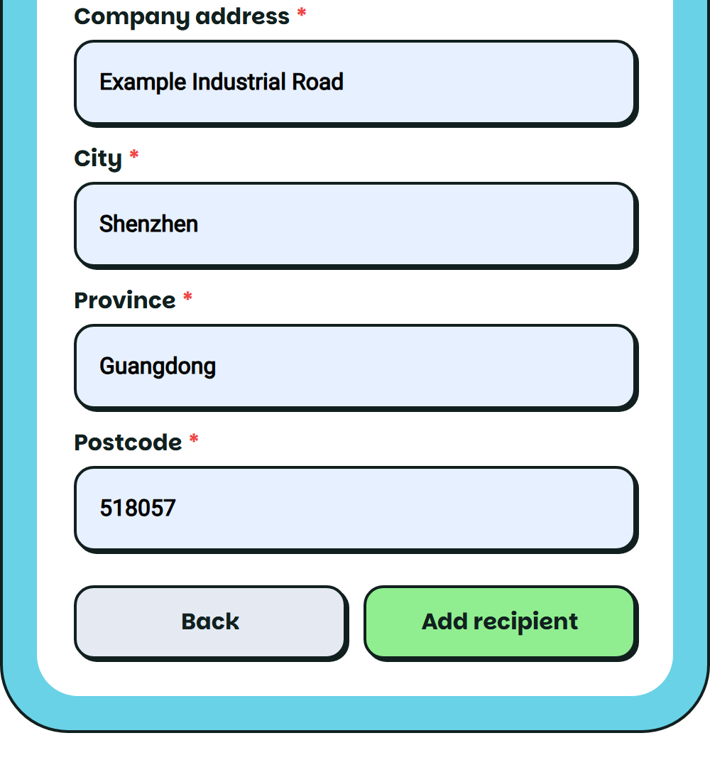 Company address fields and Add recipient