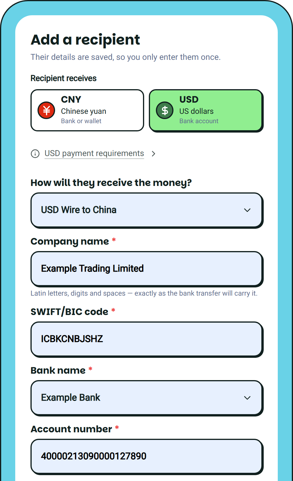 USD Wire to China form with company name, SWIFT, bank and account number