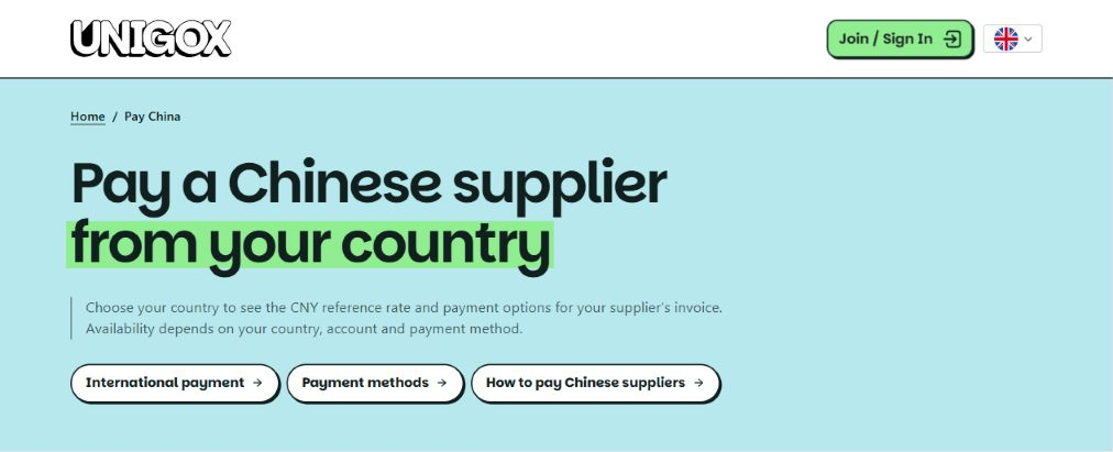 The Pay China page with the country selector and payment options