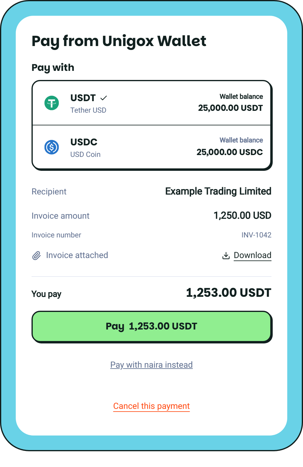 Wallet payment screen with stablecoin selection, balance and Pay button