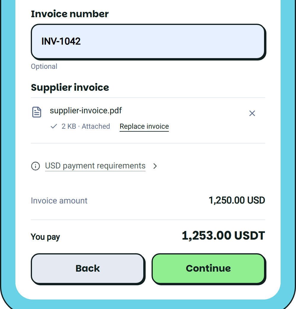 Supplier invoice marked Attached and the Continue button