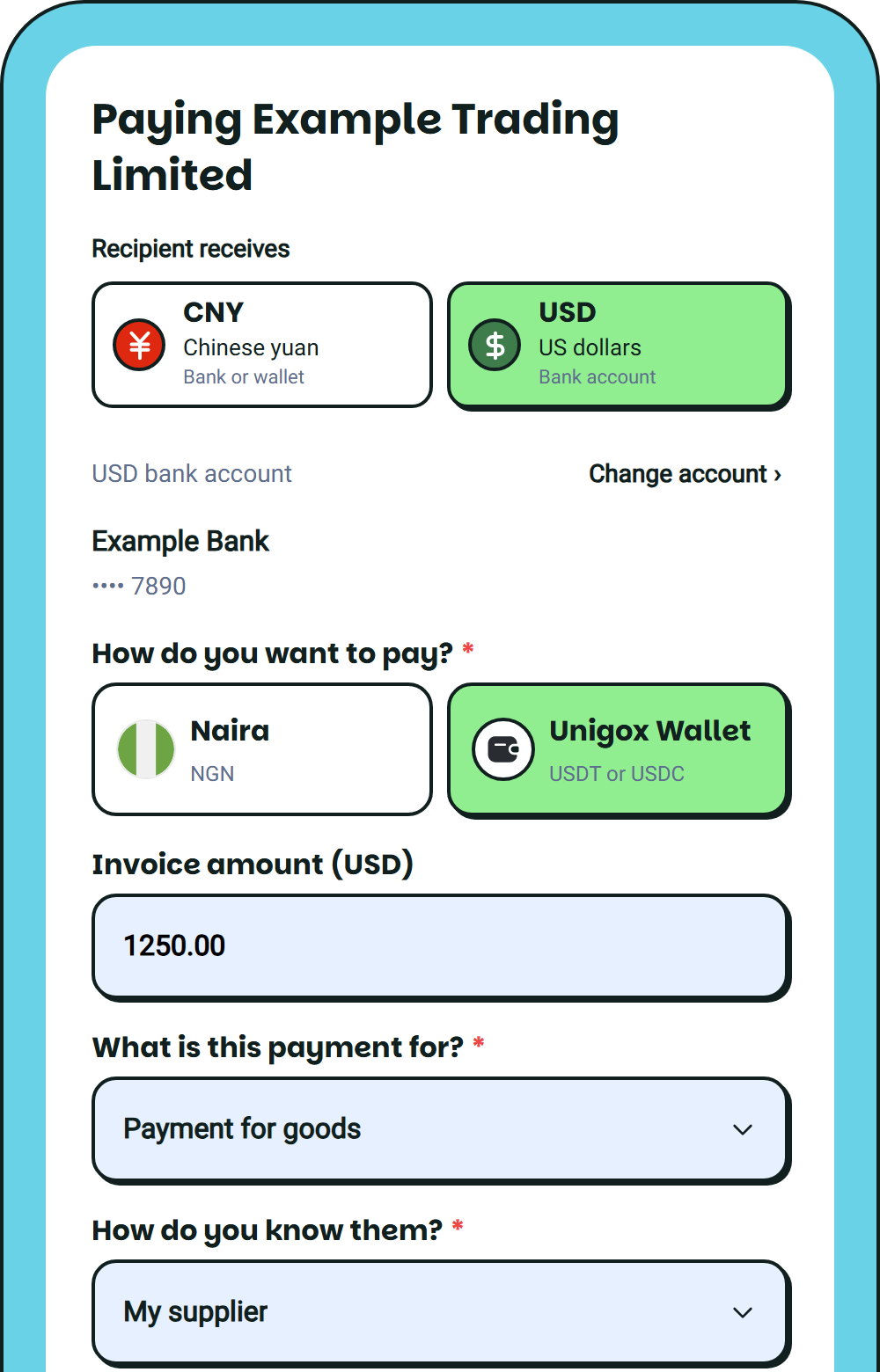 Payment method, Invoice amount in USD, payment purpose and supplier relationship