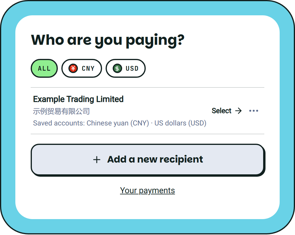 Recipient list with a saved supplier and Add a new recipient
