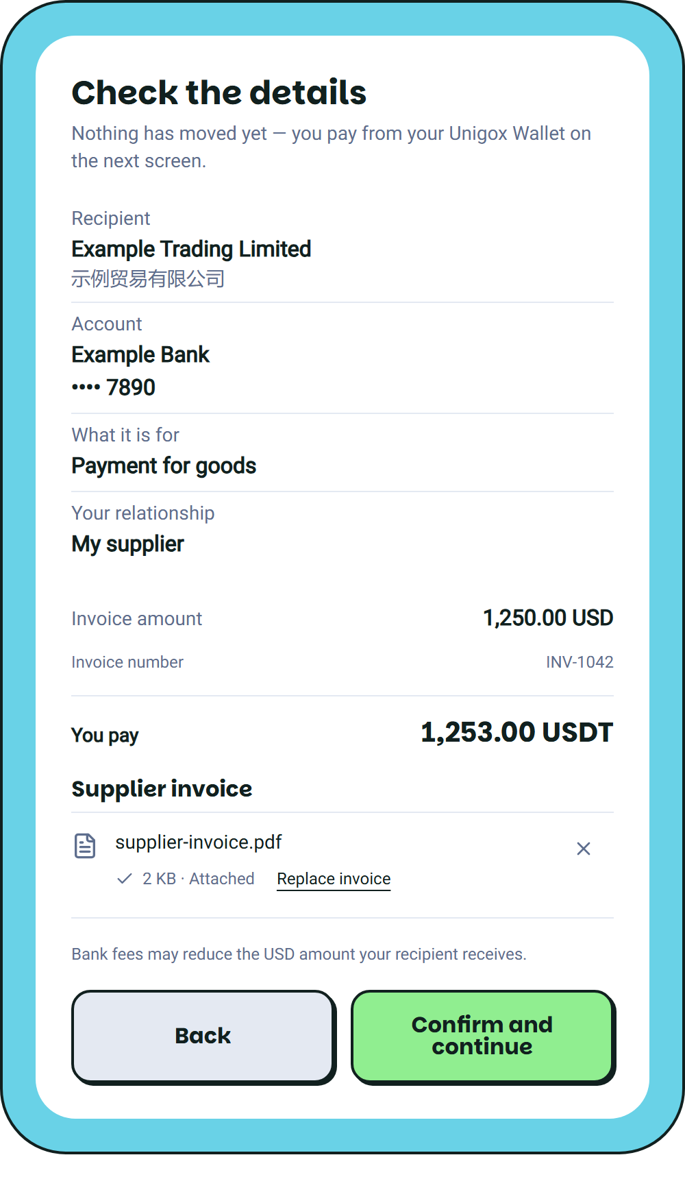 Review screen showing the supplier, invoice amount and You pay total